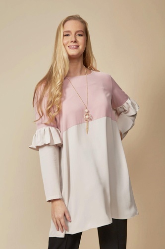 Oversized Long Sleeves Frill Detailed Colour Block Tunic Top