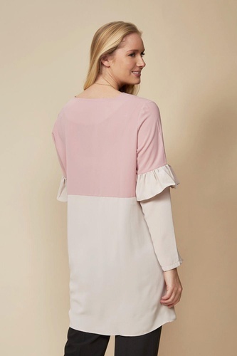 Oversized Long Sleeves Frill Detailed Colour Block Tunic Top