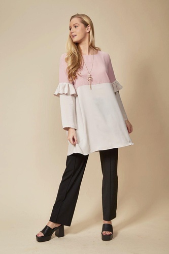 Oversized Long Sleeves Frill Detailed Colour Block Tunic Top