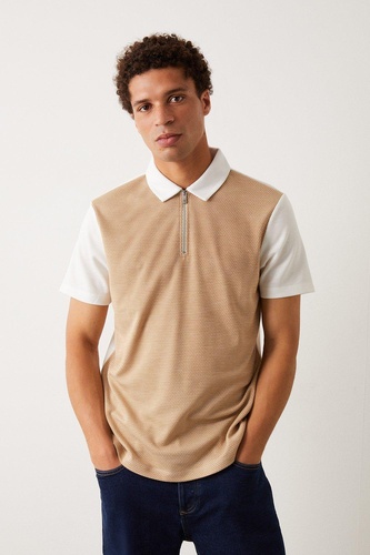 Plus And Tall Short Sleeve Contrast Sleeve Jacquard Polo