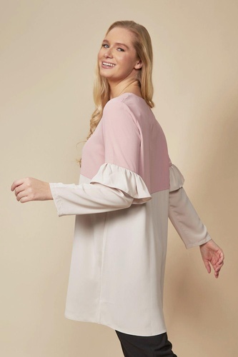 Oversized Long Sleeves Frill Detailed Colour Block Tunic Top