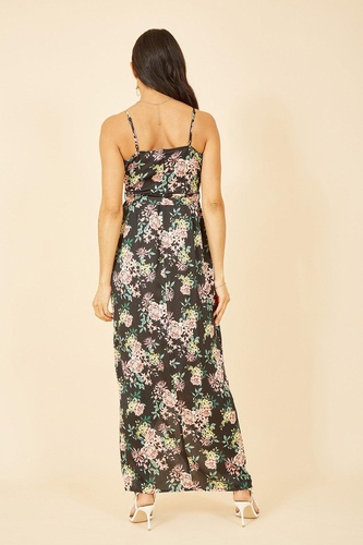 Black Satin Floral Wrap Maxi Dress