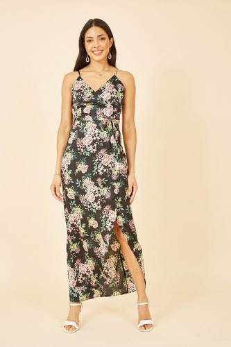 Black Satin Floral Wrap Maxi Dress