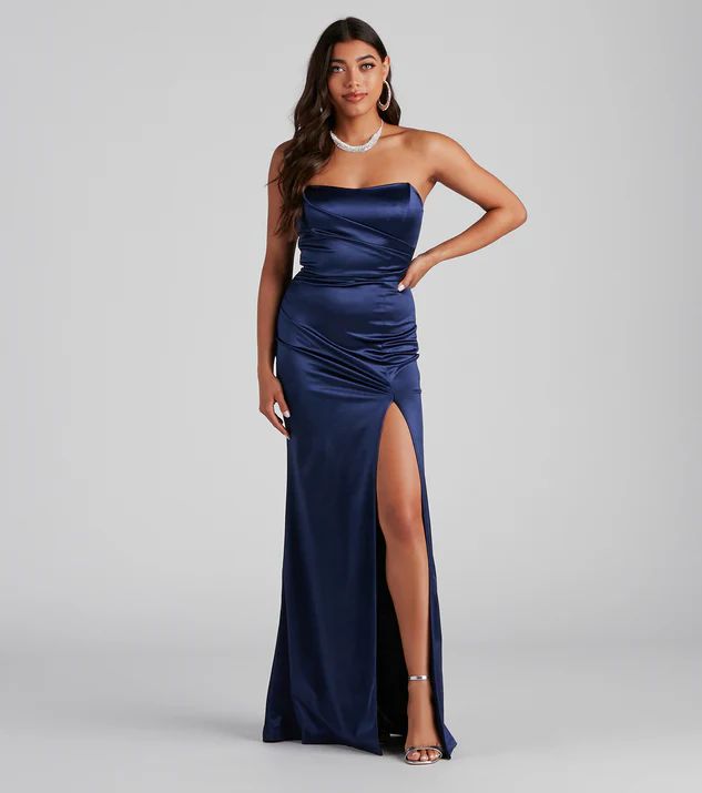 Women Formal Dress-Satin Dress Gianna Strapless High-Slit-ZB1001-2