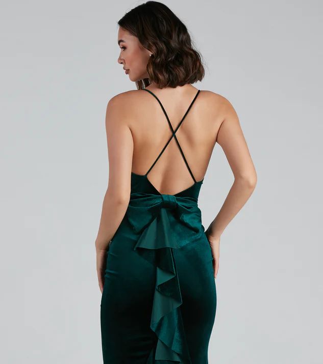 Formal Dresses Green Ruffle Velvet Formal Dress with Bow-1002 Golden velvet