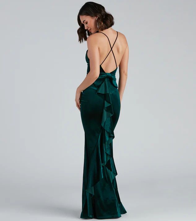 Formal Dresses Green Ruffle Velvet Formal Dress with Bow-1002 Golden velvet