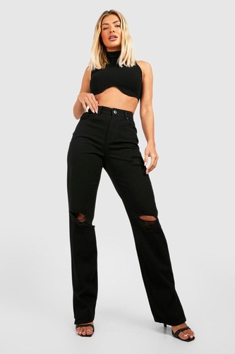 Mid Rise Ripped Knee Straight Fit Split Hem Jeans