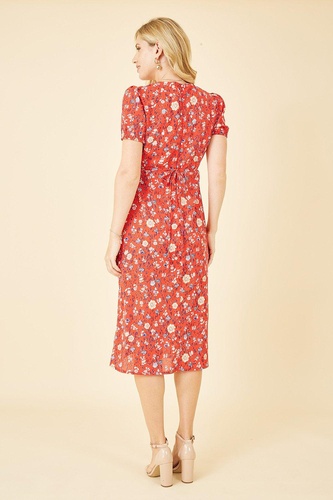 Red Floral Midi Tea Dress