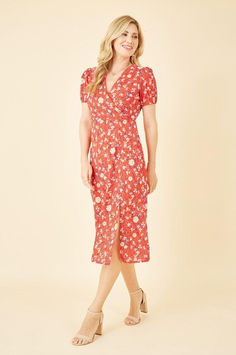 Red Floral Midi Tea Dress