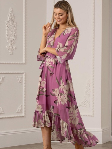 Yumi Urban Soft Pink Floral Print Kimono Midi Wrap Dress