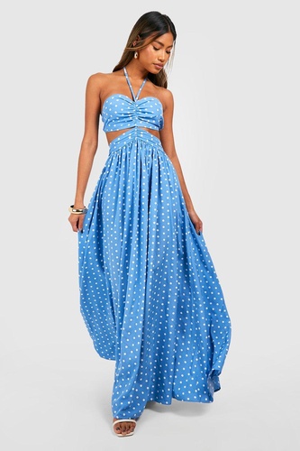 Polka Dot Halterneck Cut Out Maxi Dress