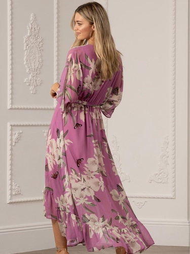 Yumi Urban Soft Pink Floral Print Kimono Midi Wrap Dress