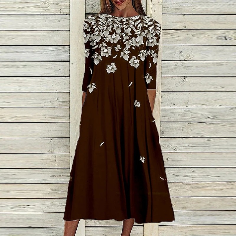 Casual Floral Print Crew Neck Long Sleeve Midi Dress