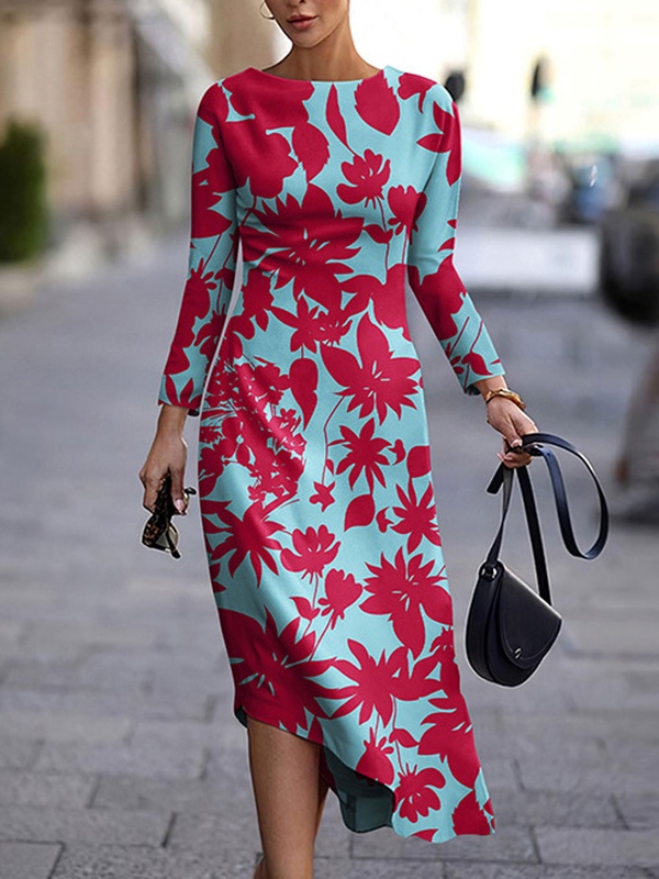 Round Neck Casual Loose Floral Print Long Sleeve Midi Dress