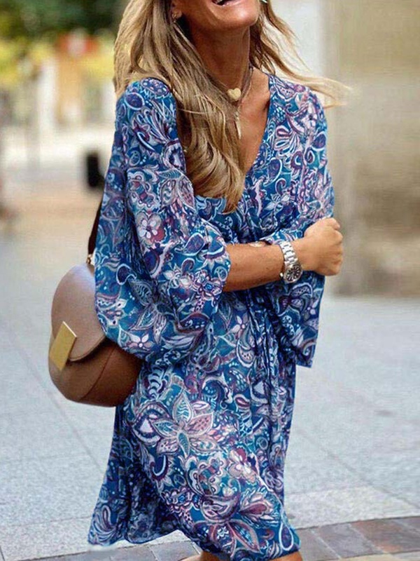 V neck Casual Loose Vintage Print Long Sleeve Short Dress