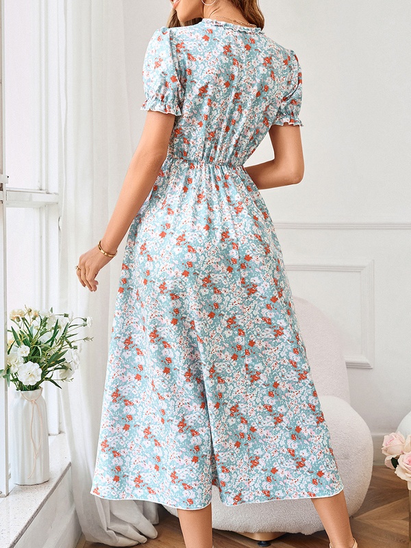 V neck Waist Up Printed Short Sleeve Midi Dress