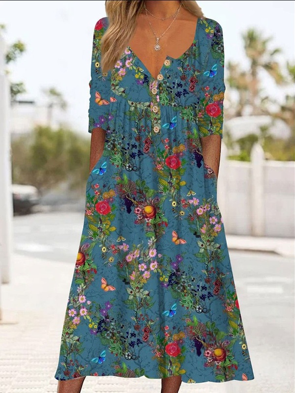 Round Neck Casual Loose Floral Print Long Sleeve Midi Dress