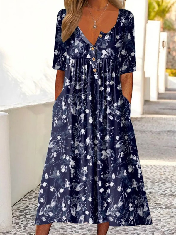 Round Neck Casual Loose Floral Print Long Sleeve Midi Dress