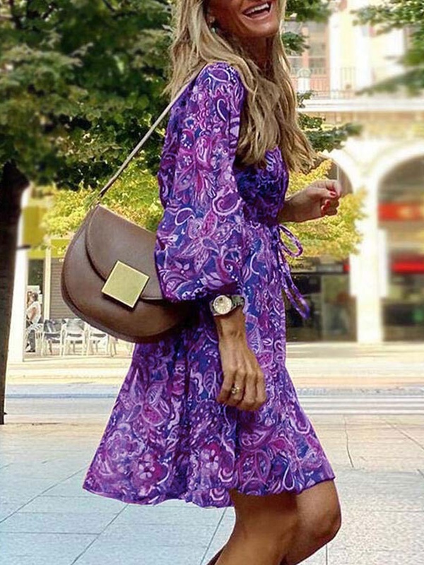 V neck Casual Loose Vintage Print Long Sleeve Short Dress