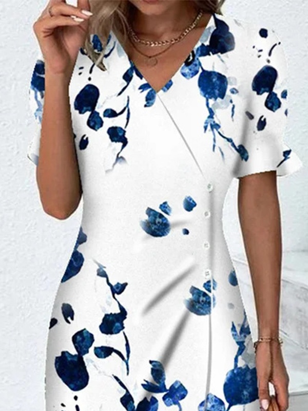 V Neck Short Sleeves Printed Casual Midi Dress