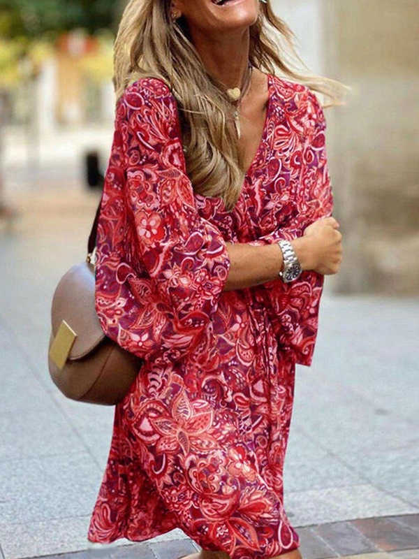 V neck Casual Loose Vintage Print Long Sleeve Short Dress