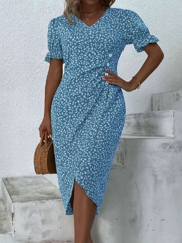 V neck Casual Floral Print Short Sleeve Midi Dress