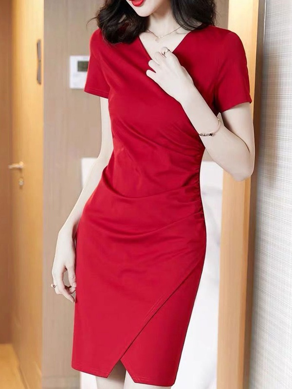 V neck Solid Color Bodycon Dress