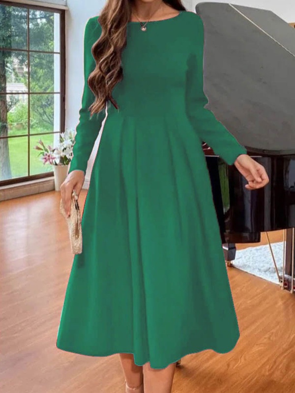 Round Neck Casual Loose Solid Color Long Sleeve Midi Dress