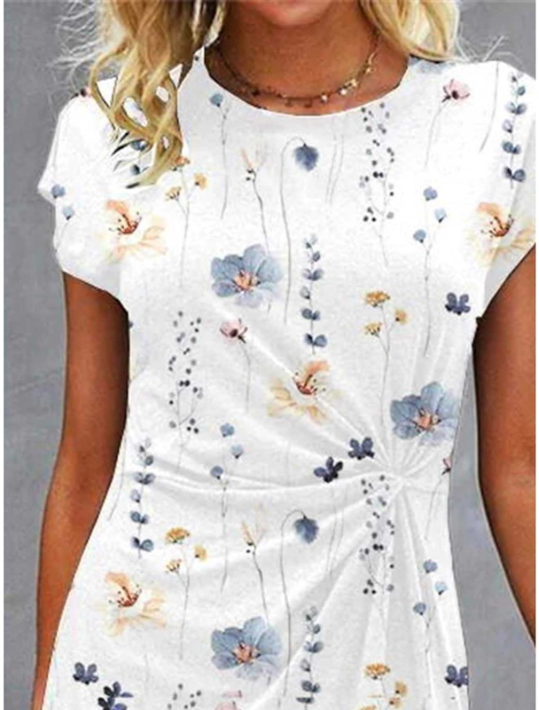 Round Neck Casual Loose Floral Print Short Sleeve Short Dress