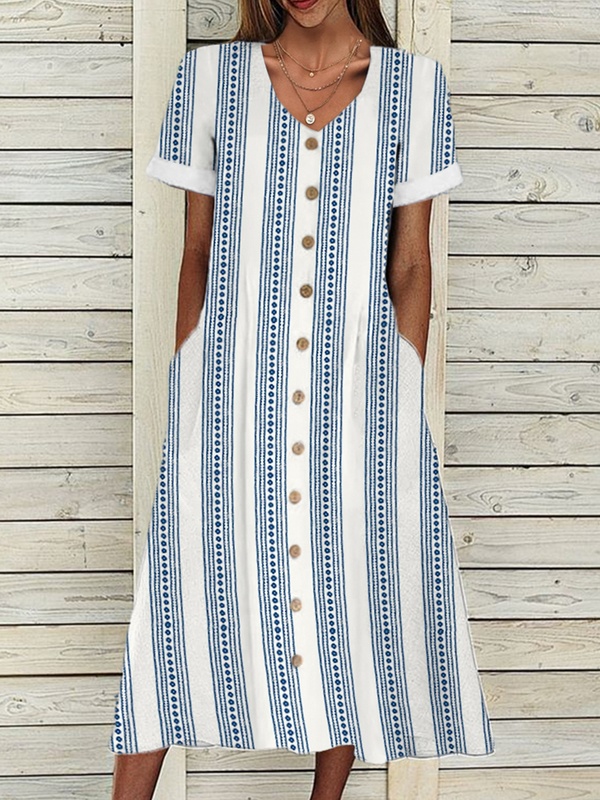 Buttoned V Neck Short Sleeves Printed Casual Midi Dress