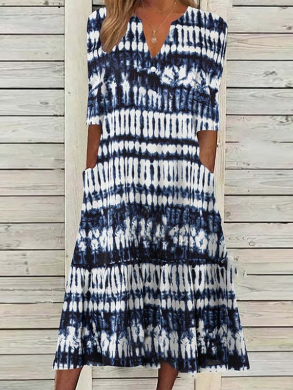 Round Neck Half Sleeves Printed Casual Midi Dress