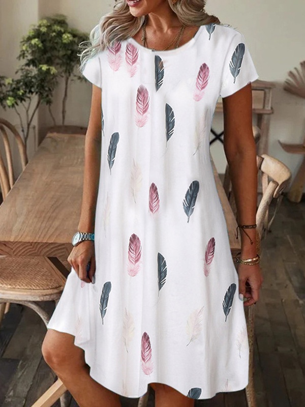 Womens Casual Round Neck Loose Printed Short sleeved Short Dress