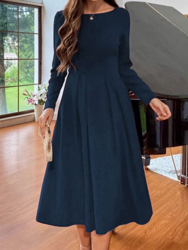 Round Neck Casual Loose Solid Color Long Sleeve Midi Dress