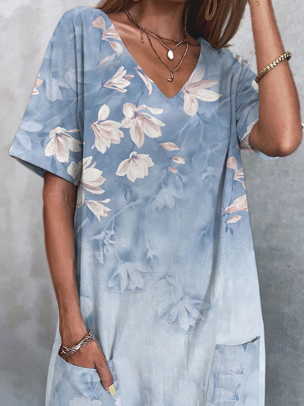 V neck Floral Print Two pocket Short sleeve Short Dress