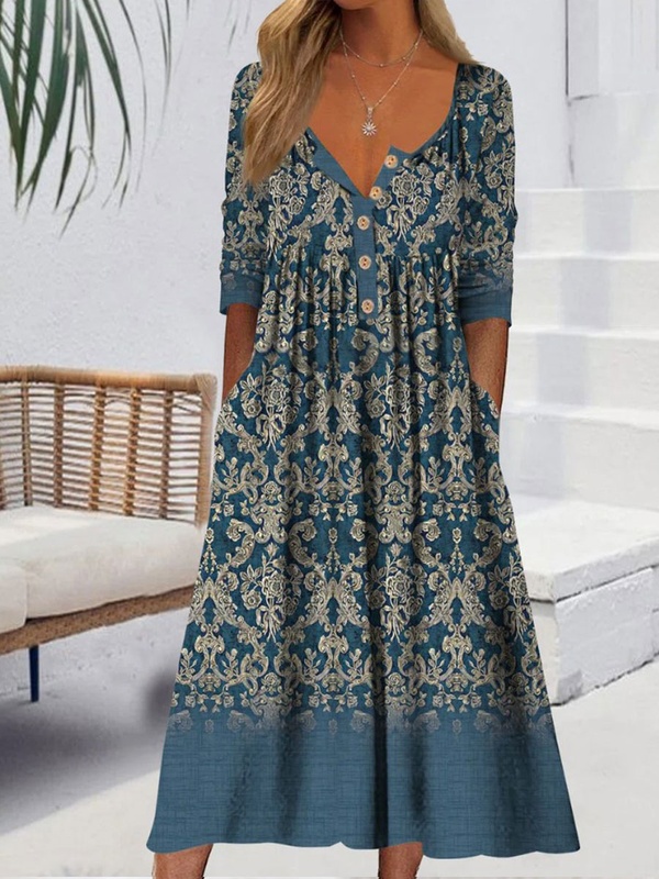 Round Neck Casual Loose Floral Print Long Sleeve Midi Dress