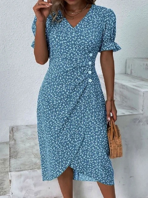 V neck Casual Floral Print Short Sleeve Midi Dress