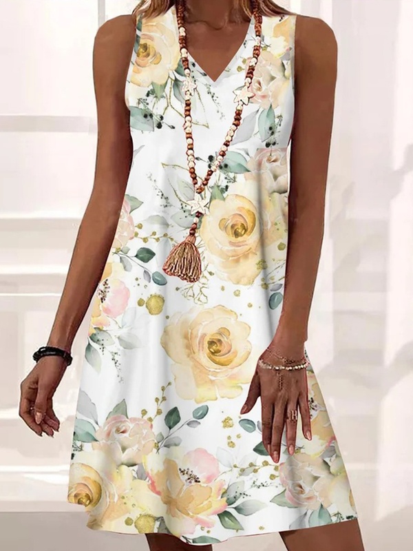 V Neck Sleeveless Printed Short Dress