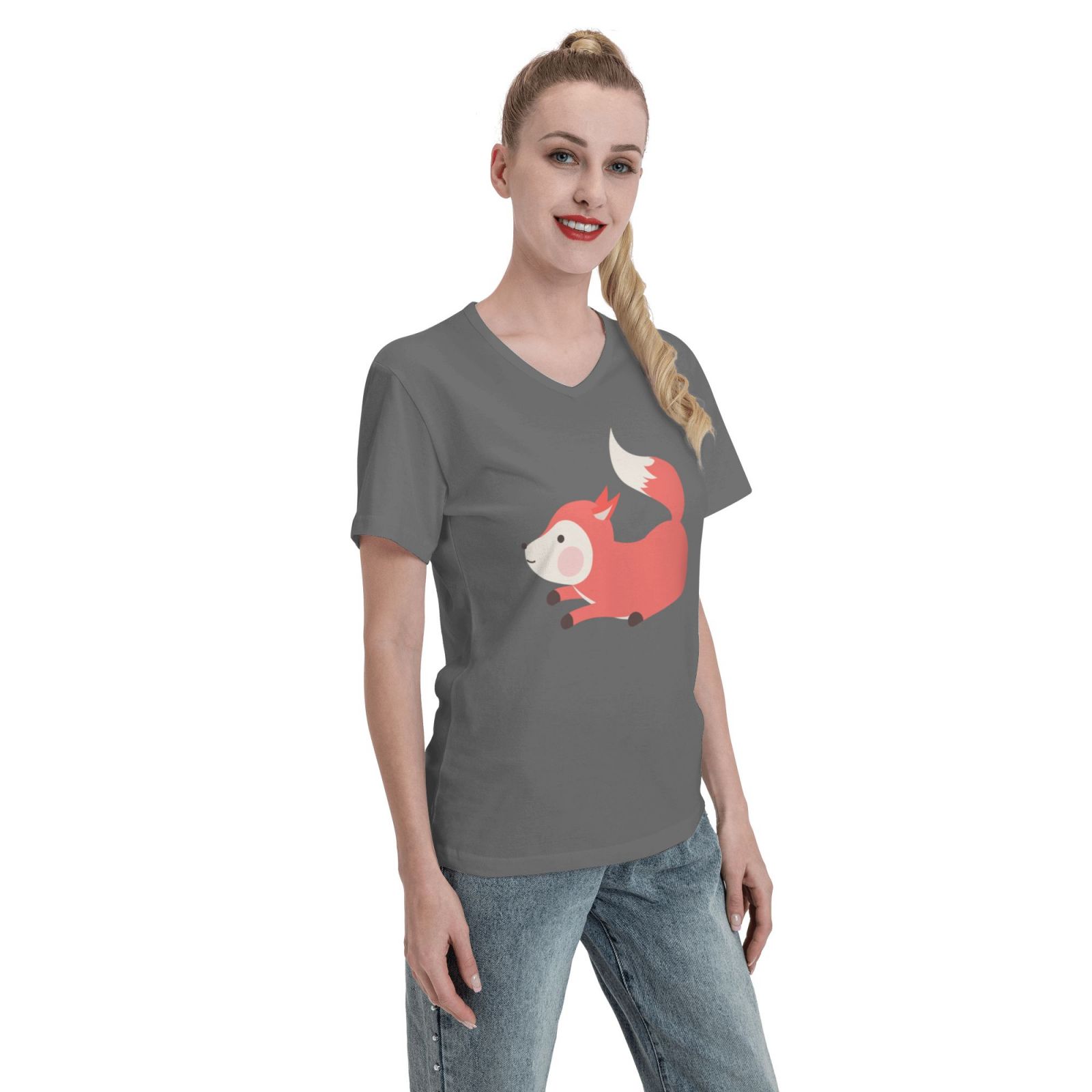 Women's V Neck T Shirts Running white fox