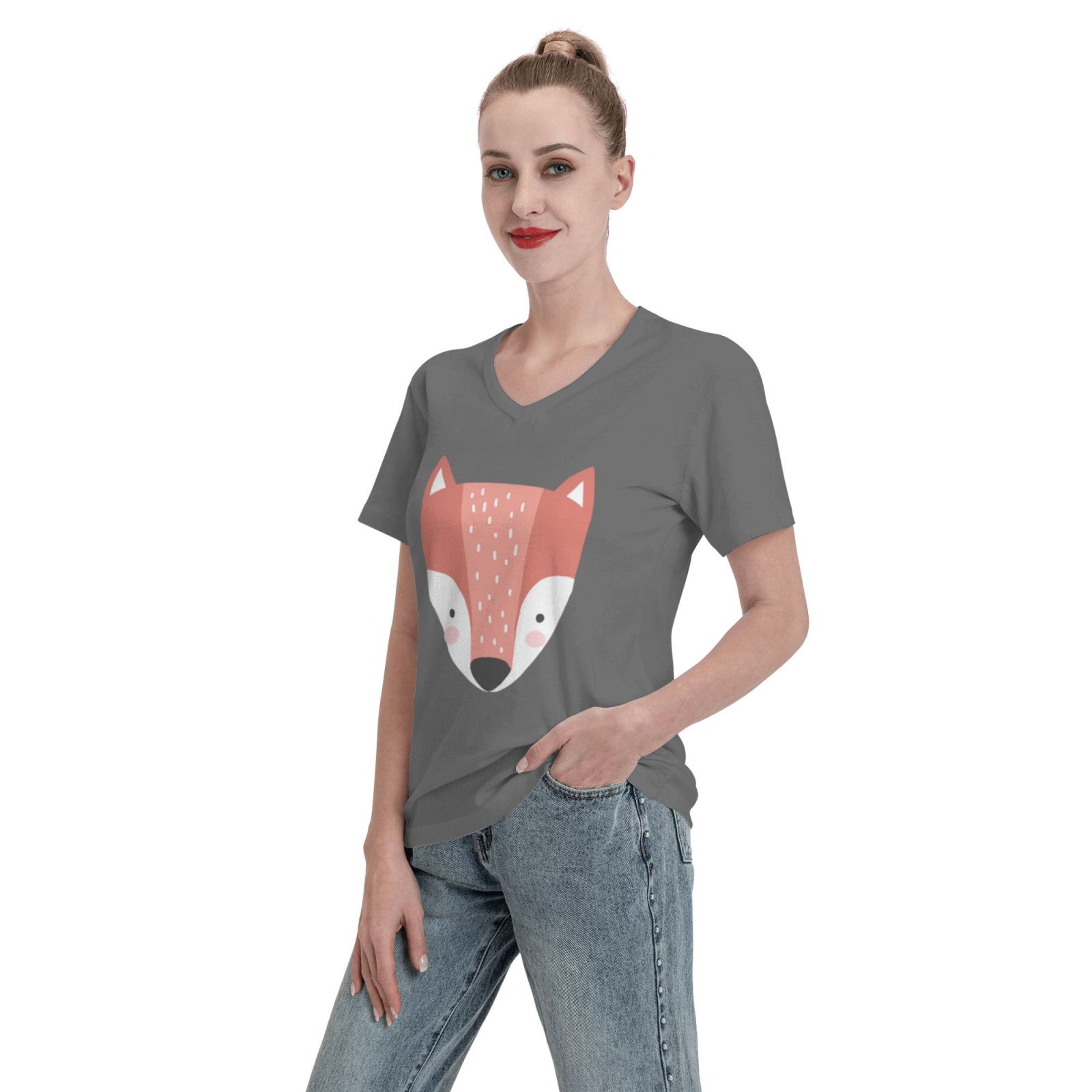 Women's V Neck T Shirts Running white fox