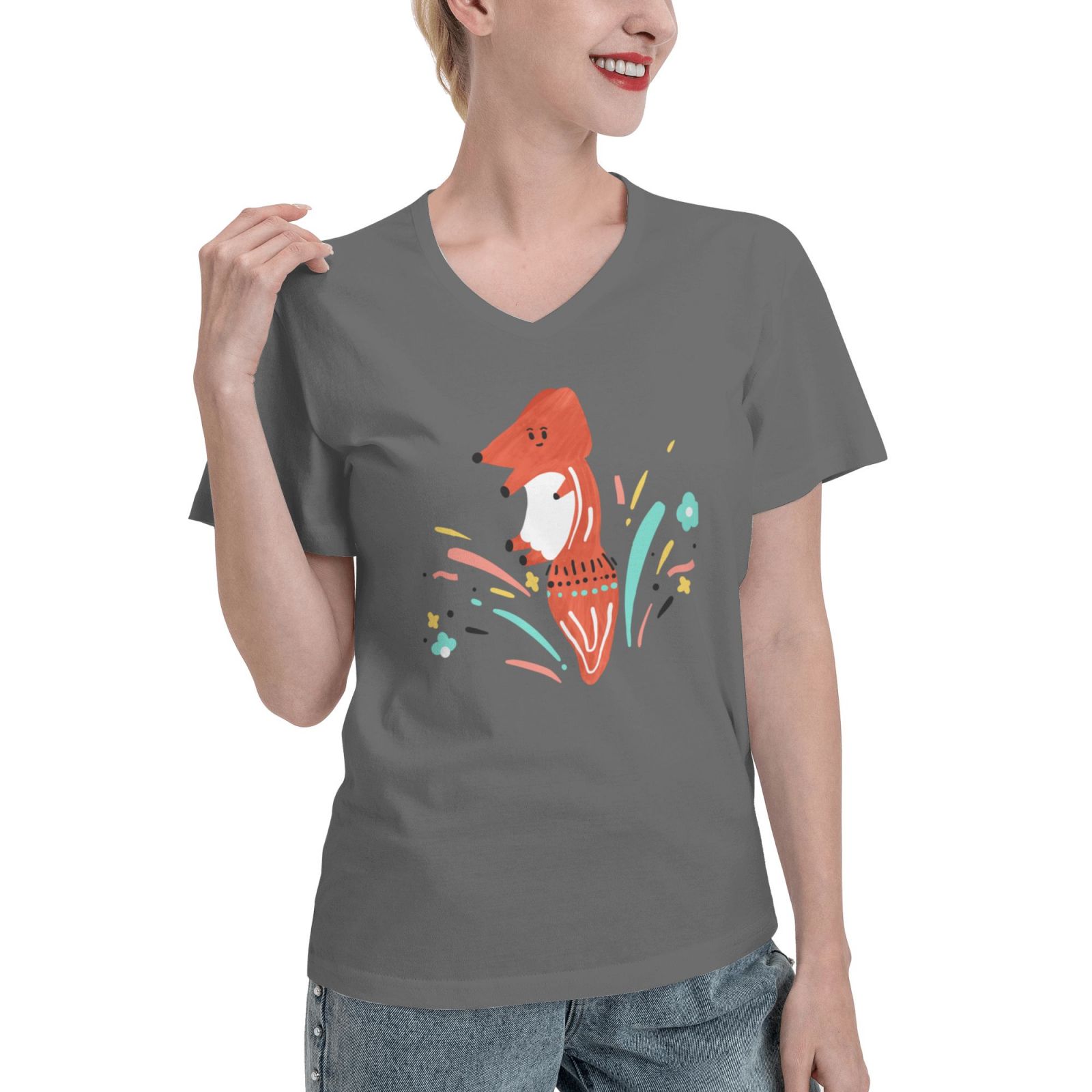 Women's V Neck T Shirts Running white fox