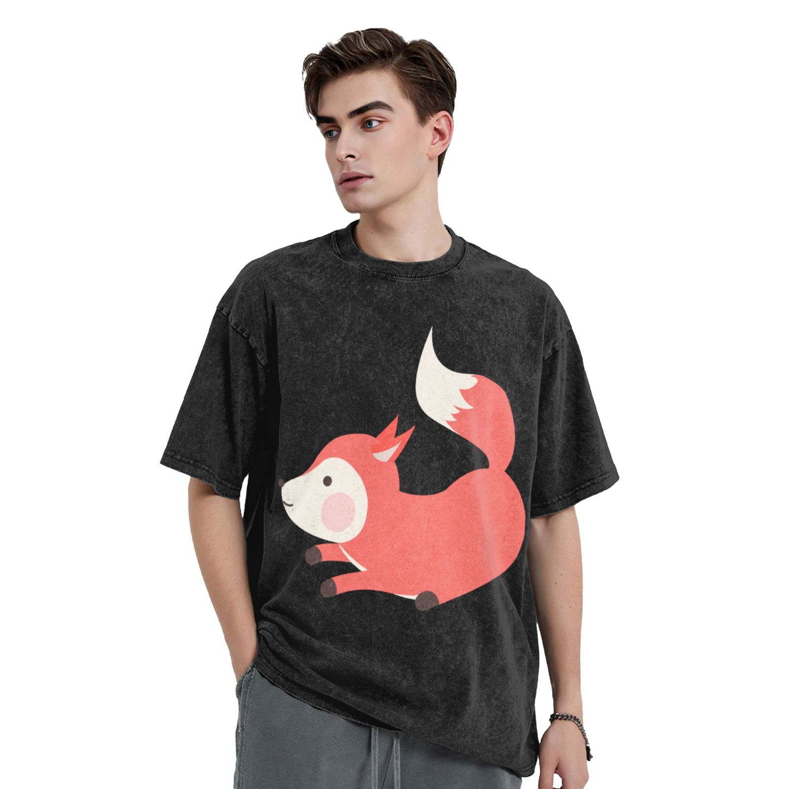 Men's Vintage Oversized T-Shirts Jumping little fox