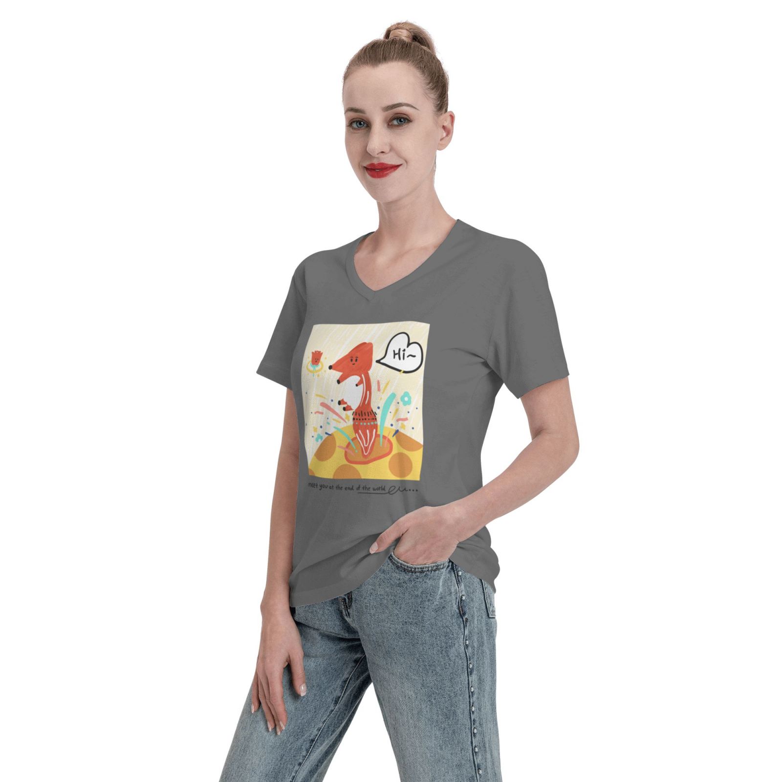 Women's V Neck T Shirts Running white fox