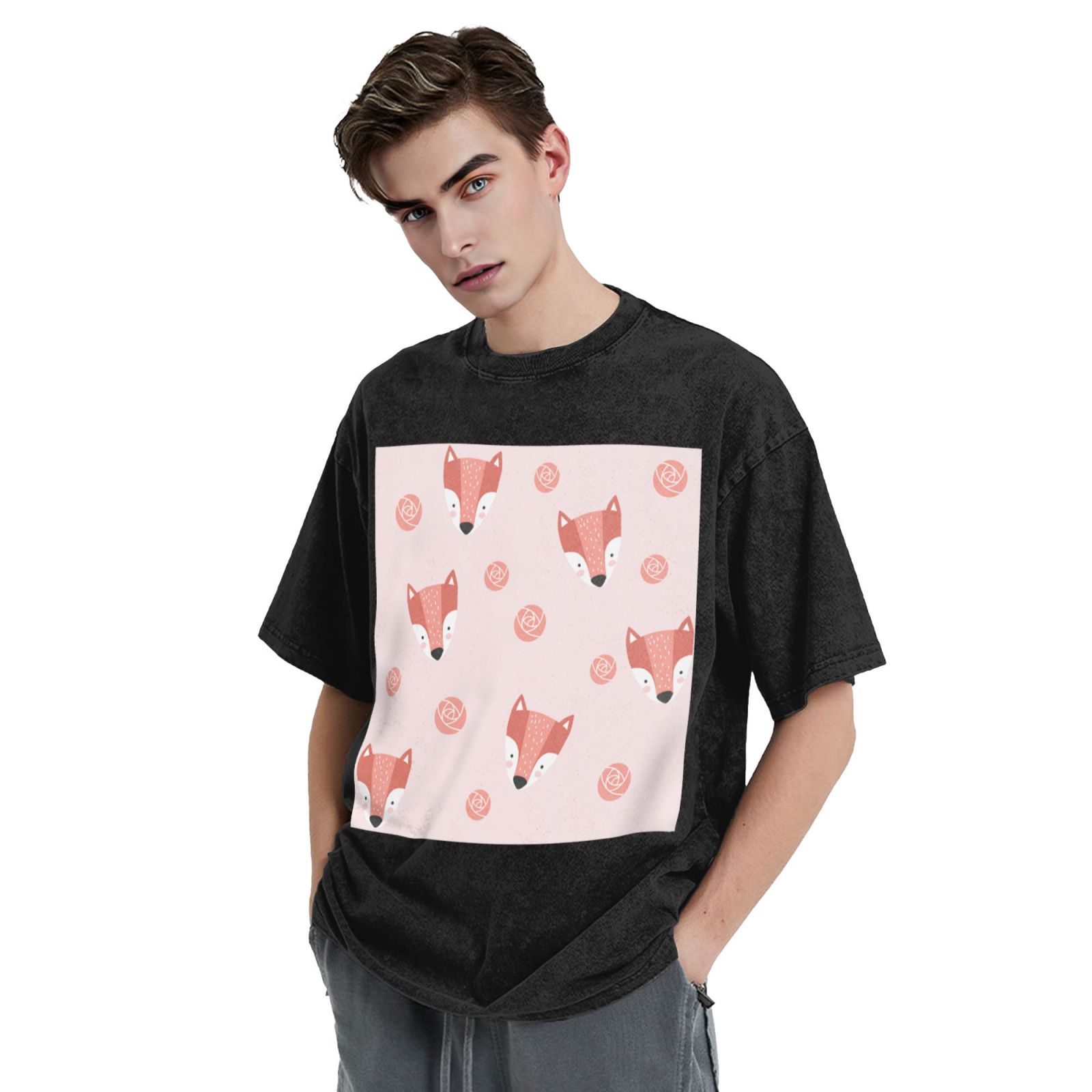 Men's Vintage Oversized T-Shirts Jumping little fox