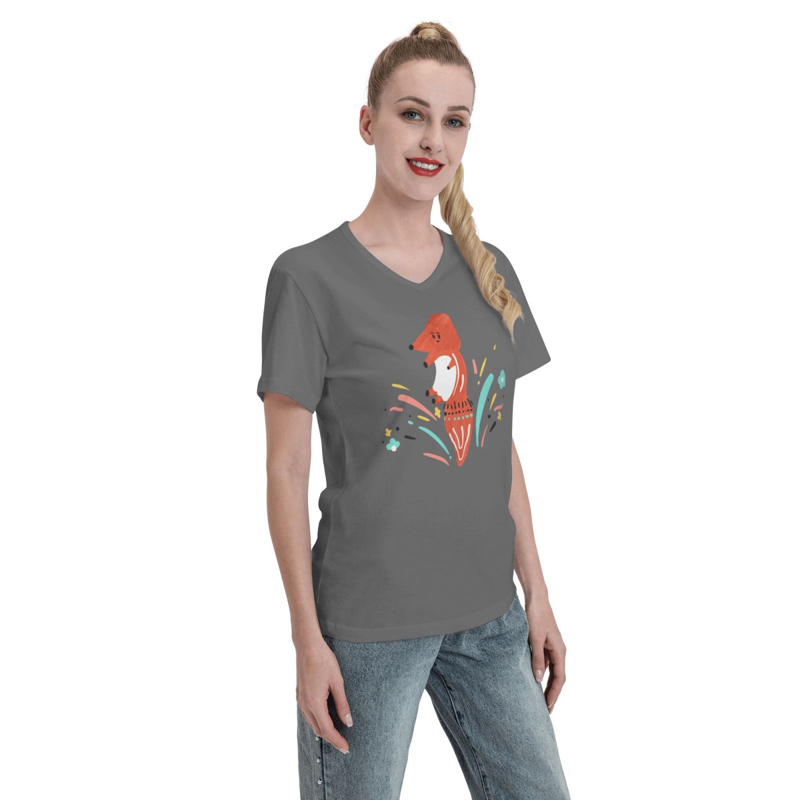 Women's V Neck T Shirts Running white fox