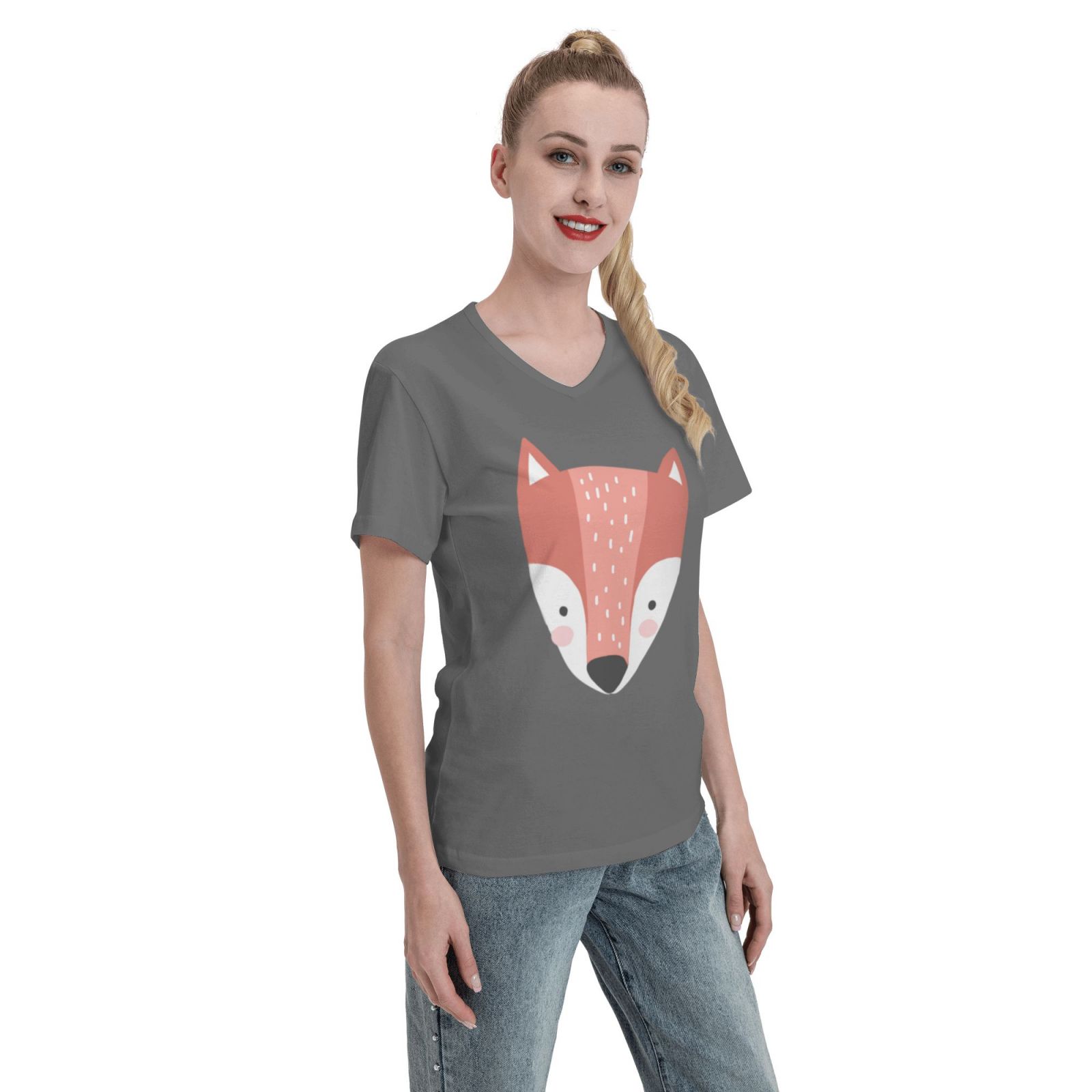 Women's V Neck T Shirts Running white fox