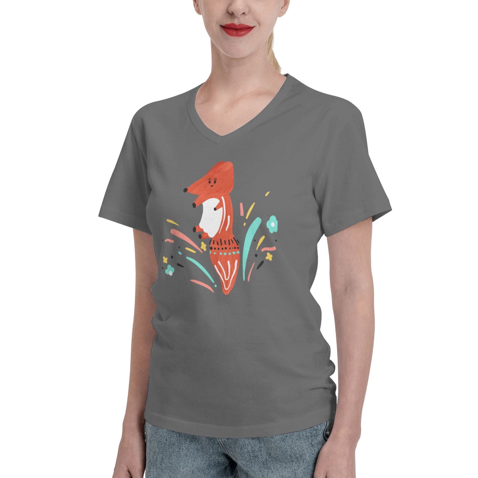 Women's V Neck T Shirts Running white fox