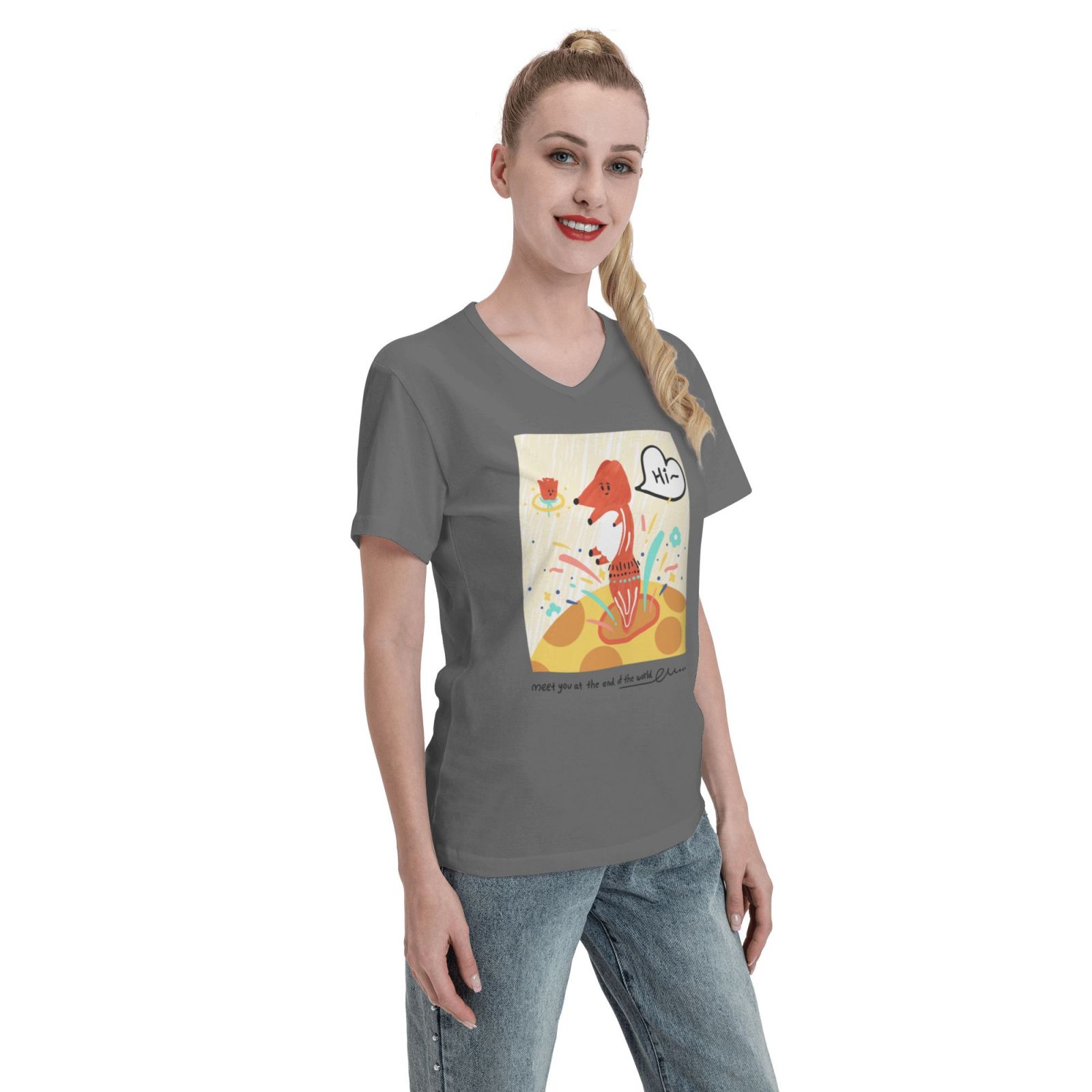 Women's V Neck T Shirts Running white fox