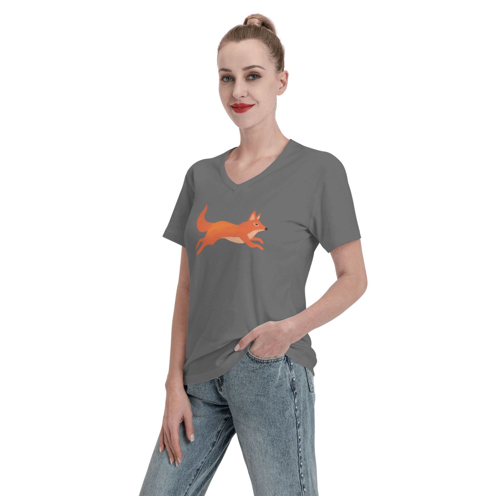 Women's V Neck T Shirts Running white fox