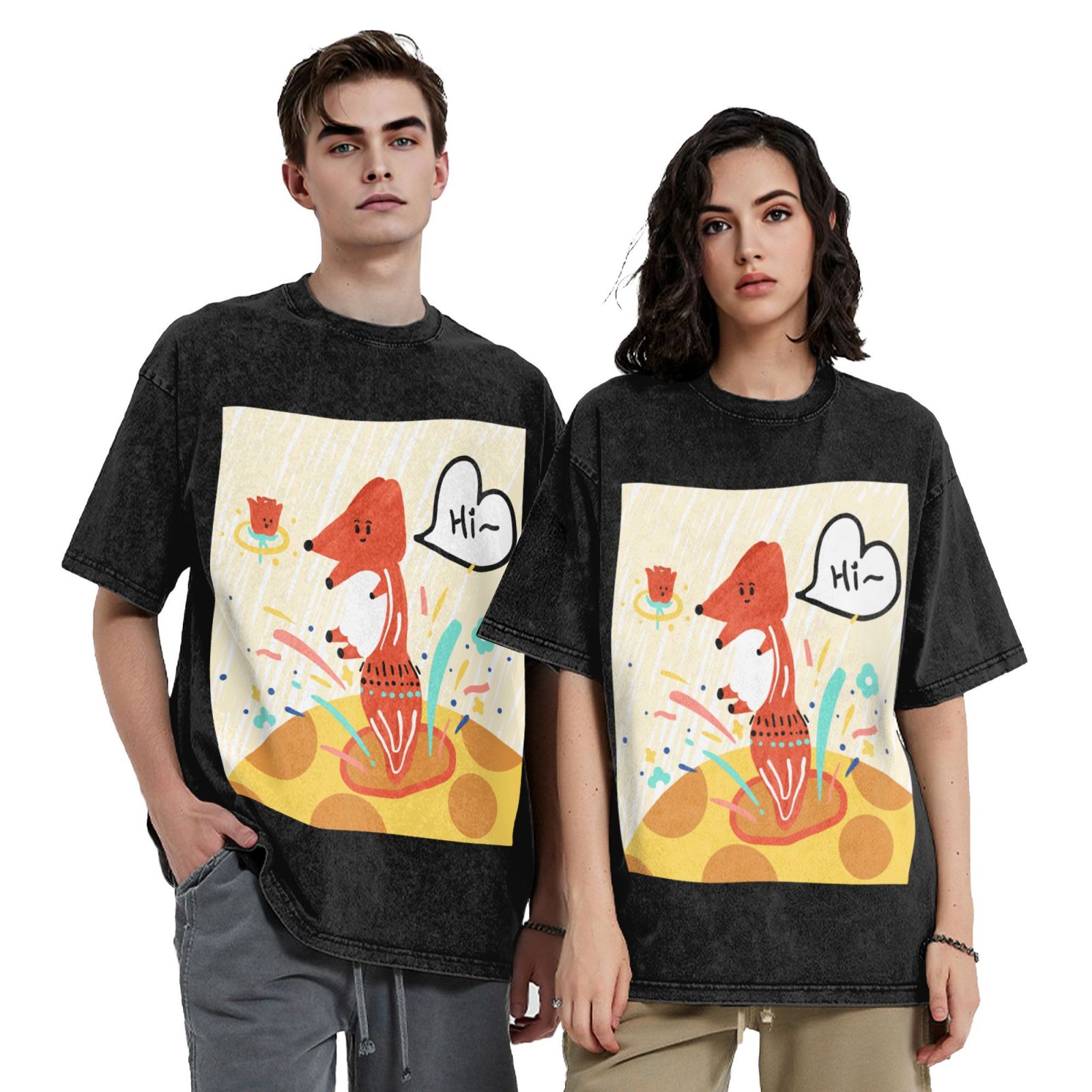 Men's Vintage Oversized T-Shirts Jumping little fox