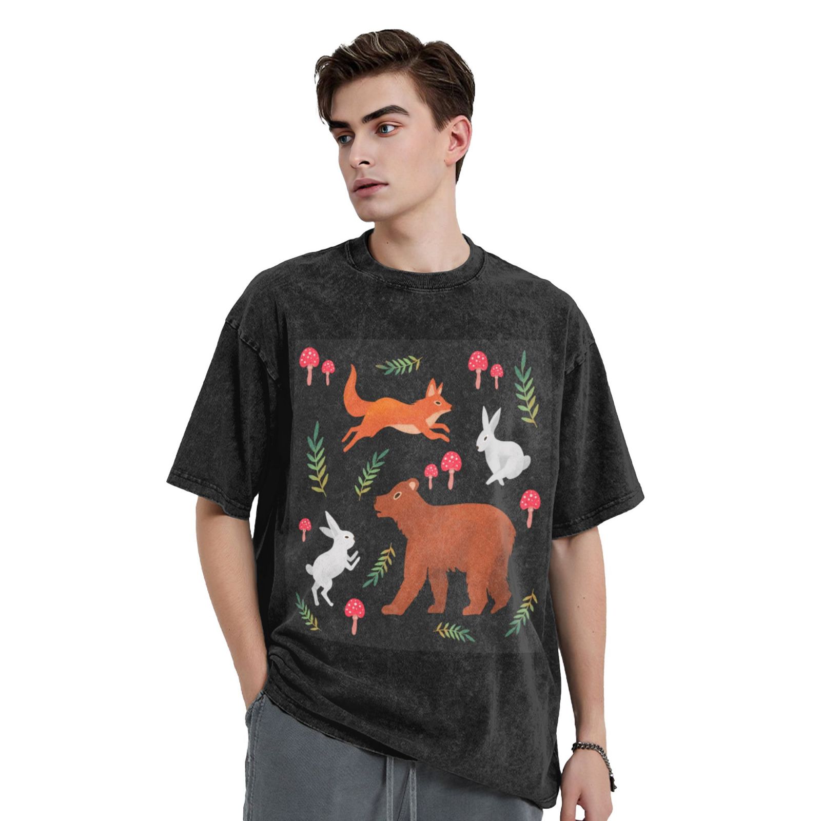 Men's Vintage Oversized T-Shirts Jumping little fox